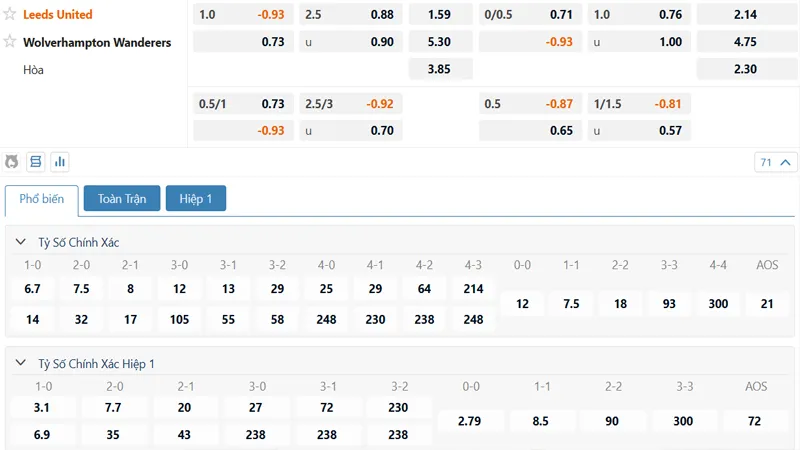 Bảng kèo Leeds vs Wolves